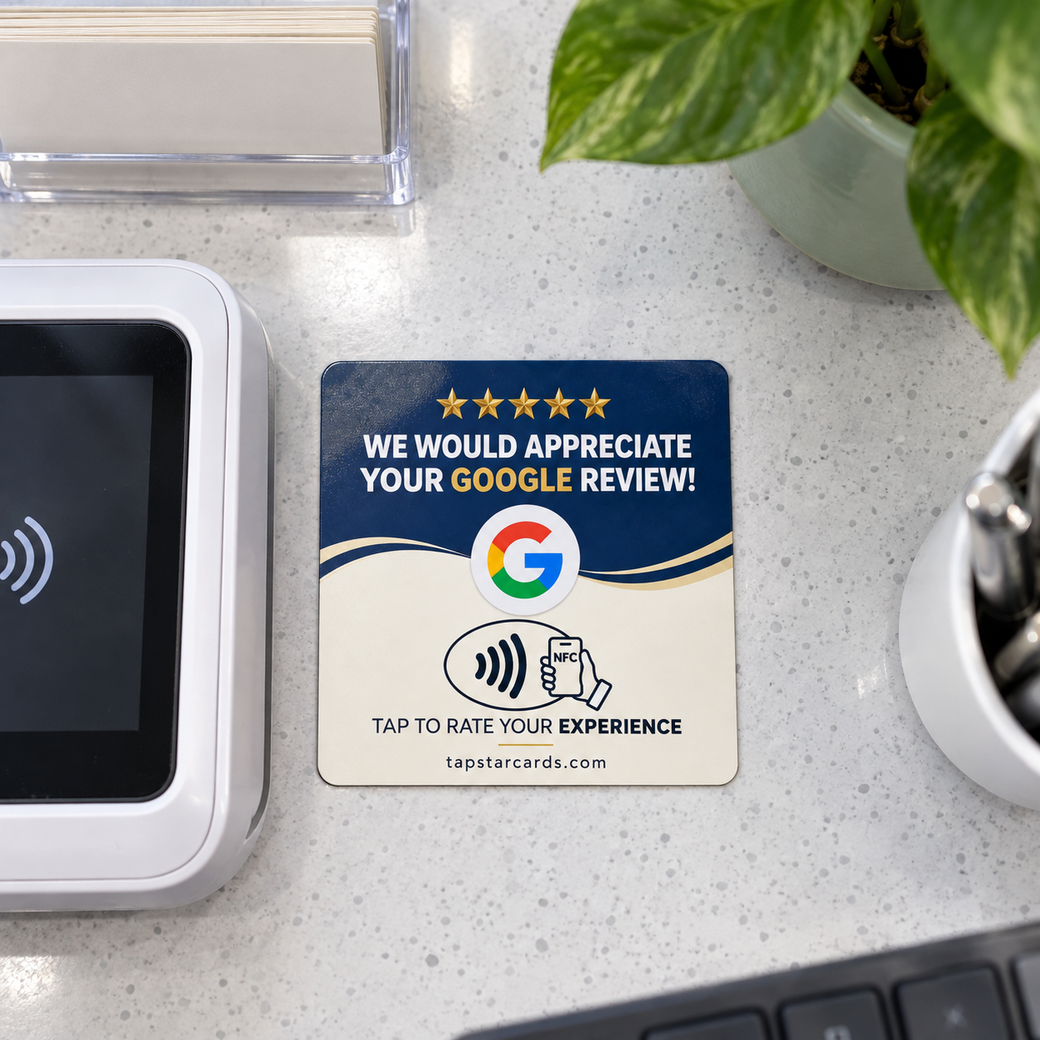 A navy Tap Star review card on a white counter, beside the payment terminal and a pot plant