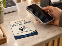 A customer holds their phone over a cream Tap Star card on a stone counter
