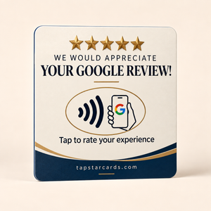 Tap Star cream premium card with gold stars and a navy base, standing upright